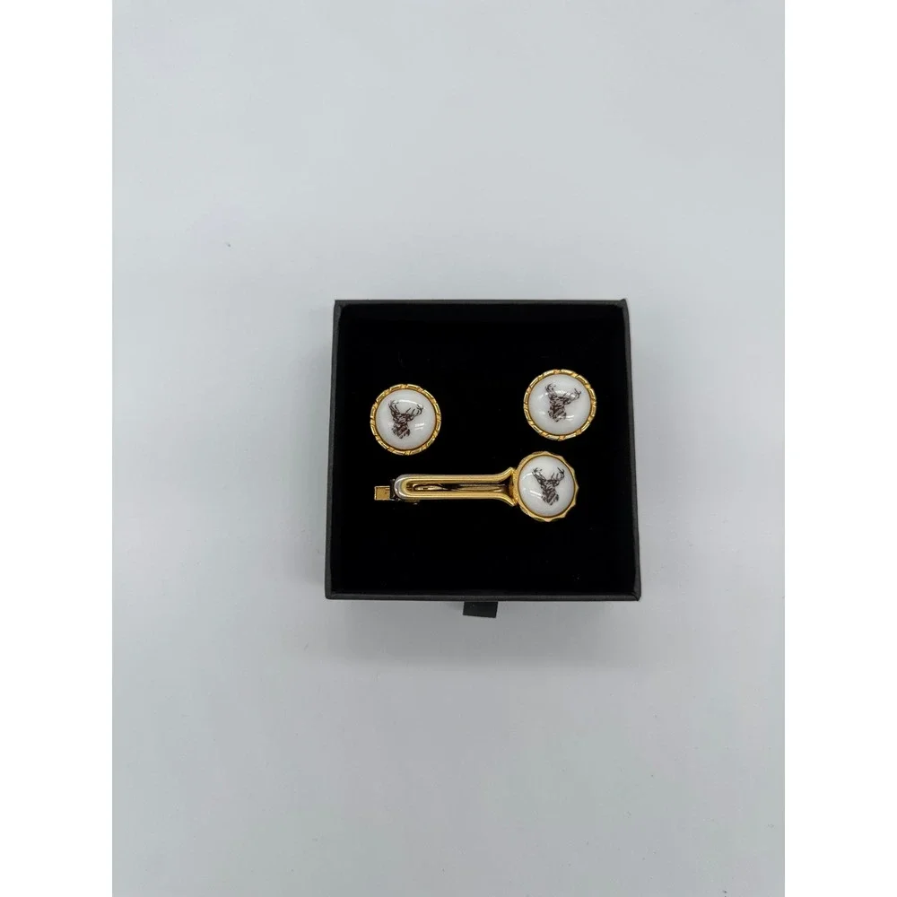 Vintage stag deer cufflinks for hunters Mens Gold‎ Tone Tie Clip Set Japan